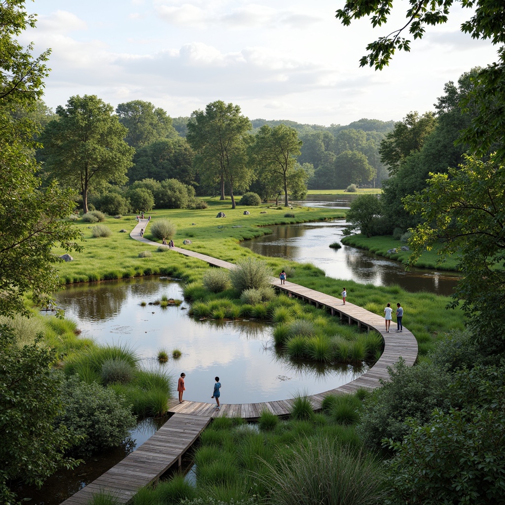 Prompt: Serene wetland landscape, lush green vegetation, tranquil water bodies, winding streams, rustic wooden bridges, native aquatic plants, diverse wildlife habitats, natural stone pathways, meandering boardwalks, elevated viewing platforms, panoramic vistas, soft diffused lighting, shallow depth of field, 2/3 composition, realistic water textures, ambient occlusion.