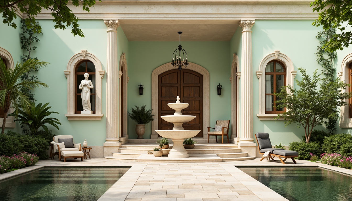 Prompt: Soft mint walls, creamy white columns, ornate golden details, lush greenery, natural stone flooring, elegant fountains, serene water features, classical sculptures, subtle beige accents, warm beige marble, gentle cream stucco, rustic wooden doors, refined bronze hardware, soft diffused lighting, shallow depth of field, 3/4 composition, harmonious color balance, realistic textures, ambient occlusion.