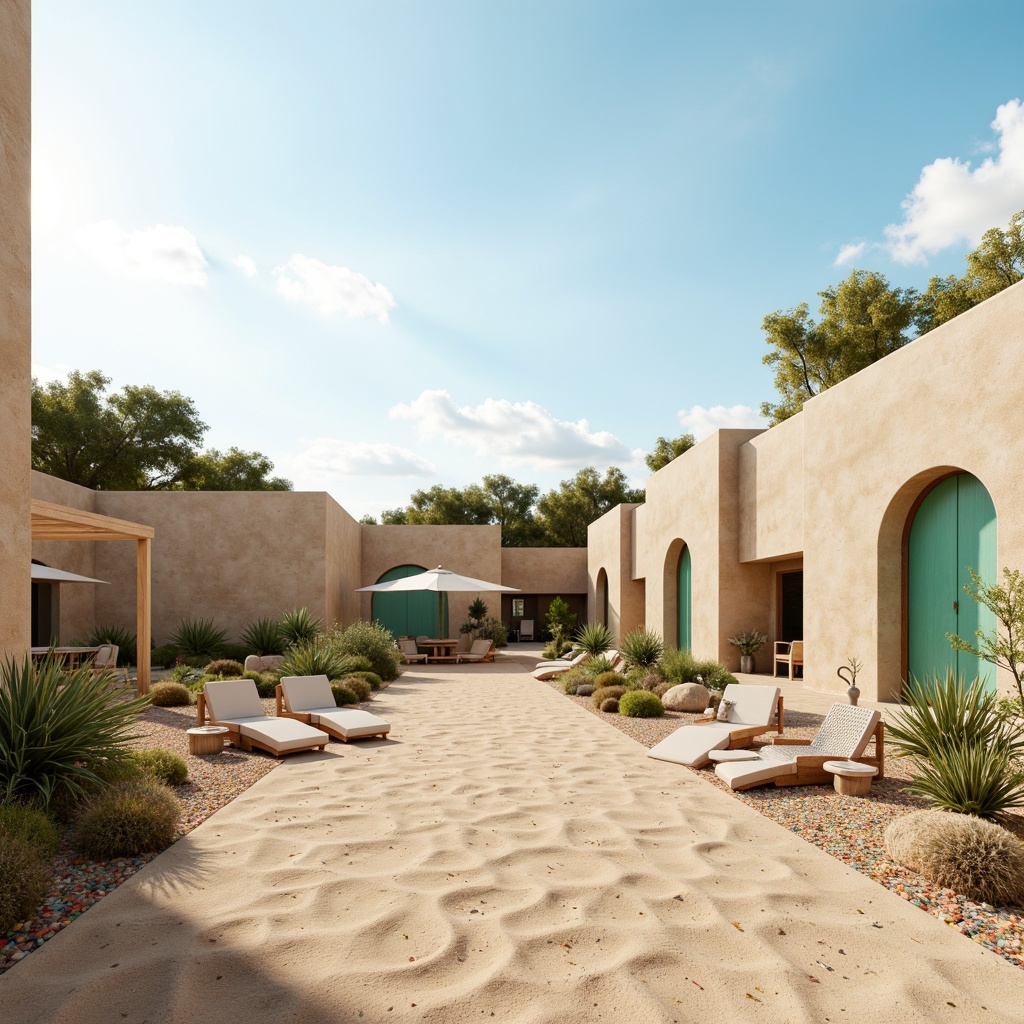 Prompt: Sandy desert landscape, mint green accents, adobe-style buildings, curved lines, earthy tones, natural stone walls, wooden doors, minimalist furniture, woven textiles, patterned rugs, cactus plants, hot sunny day, clear blue sky, vast open space, modern desert architecture, eco-friendly materials, sustainable energy solutions, solar panels, water conservation systems, green roofs, innovative cooling technologies, shaded outdoor spaces, misting systems, Arabic-inspired patterns, vibrant colorful ceramics, intricate geometric motifs, soft warm lighting, shallow depth of field, 3/4 composition, panoramic view.