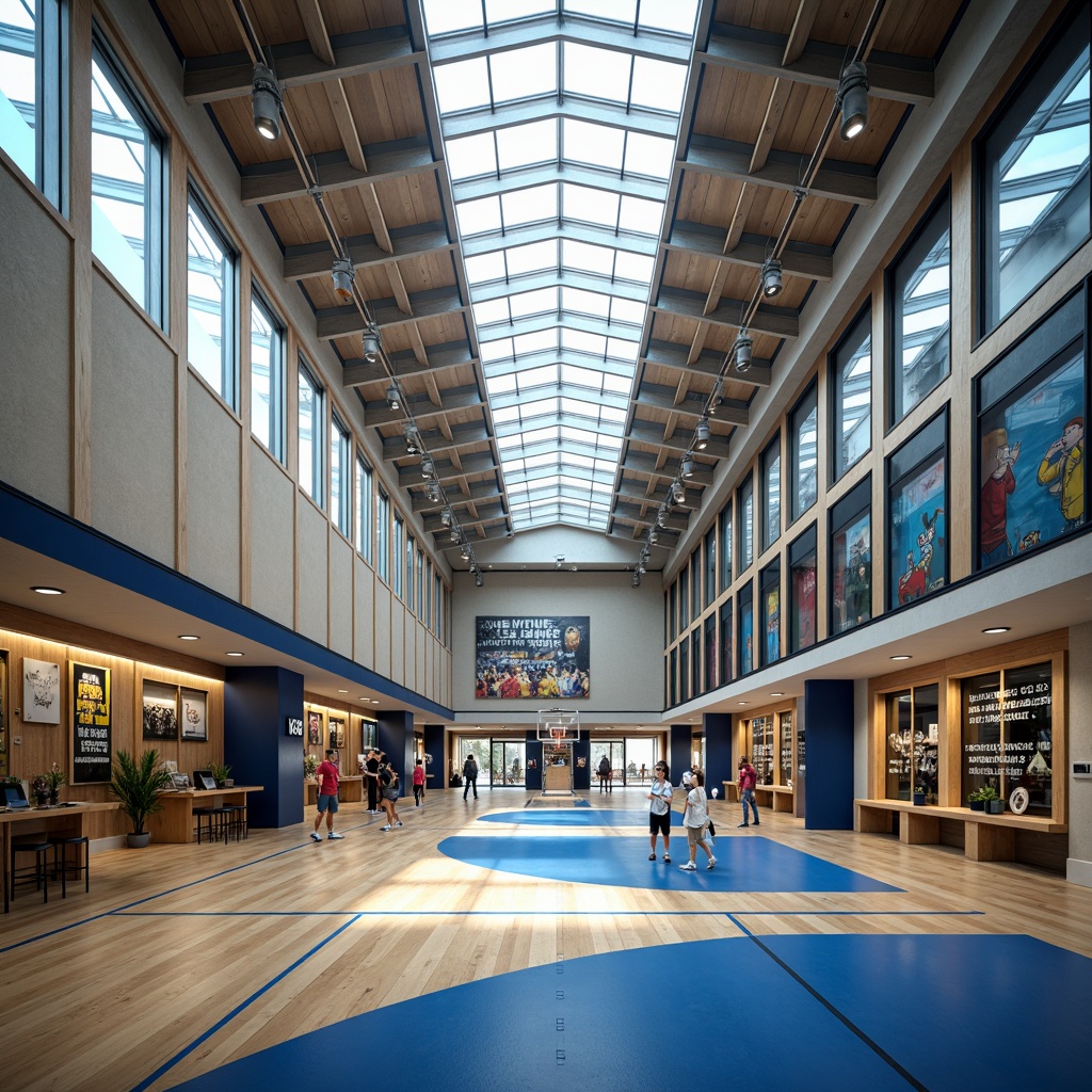 Prompt: Modern gymnasium interior, translucent rooflights, natural daylight, diffused shadows, minimalist athletic equipment, sleek floorings, polished wood accents, industrial metal beams, transparent glass walls, ambient artificial lighting, soft focus blur, shallow depth of field, 1/1 composition, symmetrical architecture, vibrant team colors, inspirational quotes, motivational murals, athletic trophy displays, dynamic sports flooring patterns.