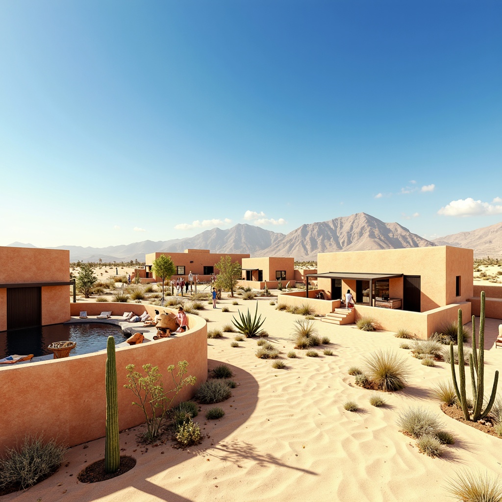 Prompt: Desert oasis, sandy dunes, cactus plants, hot sunny day, clear blue sky, vast open space, modern desert architecture, earthy adobe buildings, recycled metal structures, rammed earth walls, low-carbon footprint, solar panels, wind turbines, water conservation systems, green roofs, eco-friendly materials, innovative cooling technologies, shaded outdoor spaces, misting systems, Arabic-inspired patterns, vibrant colorful textiles, intricate geometric motifs, organic forms, natural ventilation, passive solar design, energy-efficient systems.