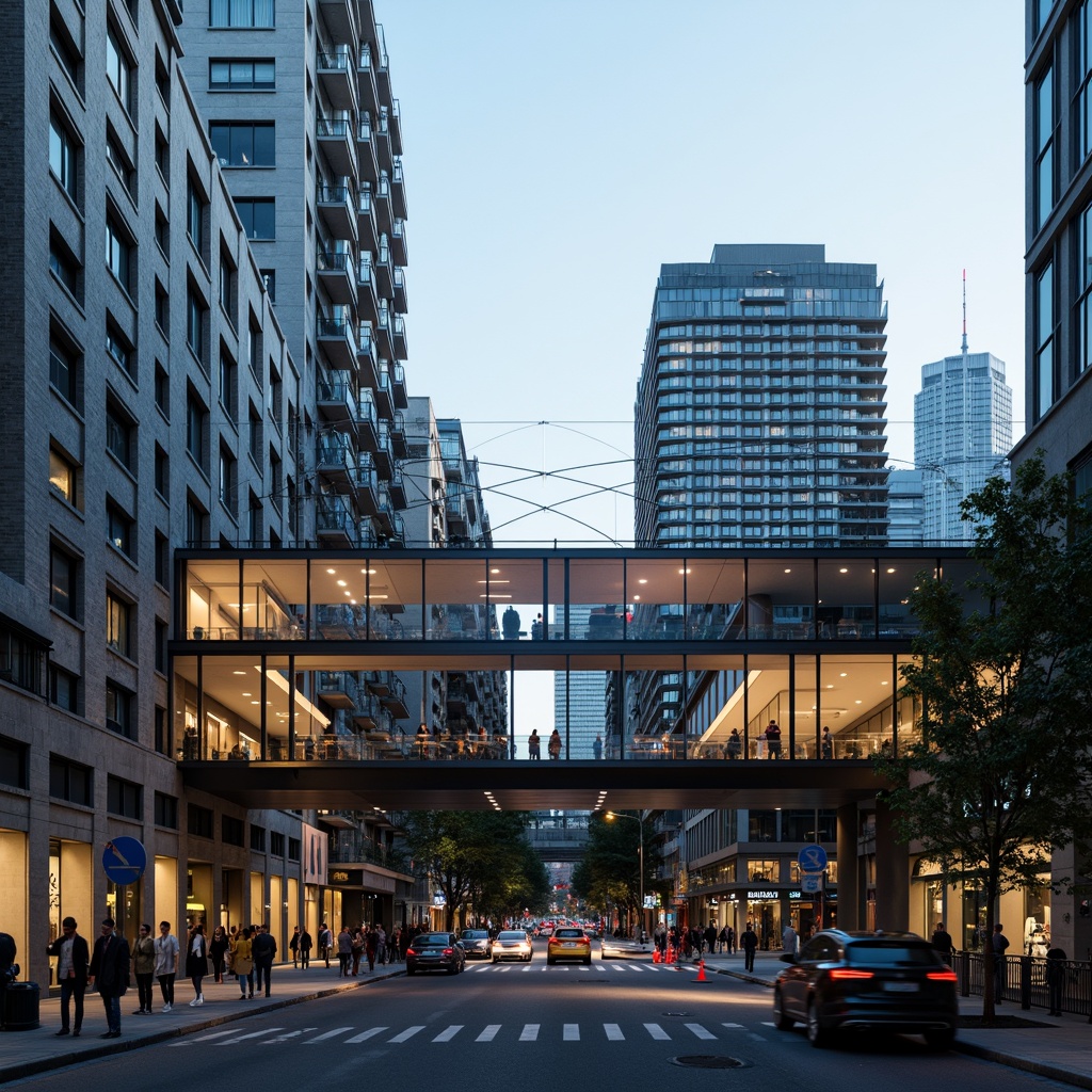 Prompt: Sleek pedestrian bridge, modernist architecture, minimalist design, clean lines, angular shapes, steel beams, cable-stayed construction, suspension systems, geometric patterns, abstract forms, urban landscape, cityscape views, bustling streets, vibrant city lights, warm evening ambiance, soft focus, shallow depth of field, 1/2 composition, dynamic perspective, realistic textures, ambient occlusion.