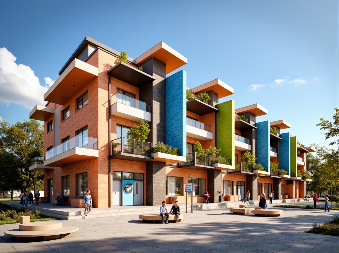 Prompt: Vibrant school building, angular geometric shapes, colorful brick walls, modern minimalist design, large glass windows, steel frames, cantilevered roofs, asymmetrical structures, bold color accents, educational signage, interactive playground equipment, circular benches, natural stone flooring, abstract murals, bright warm lighting, shallow depth of field, 3/4 composition, panoramic view, realistic textures, ambient occlusion.