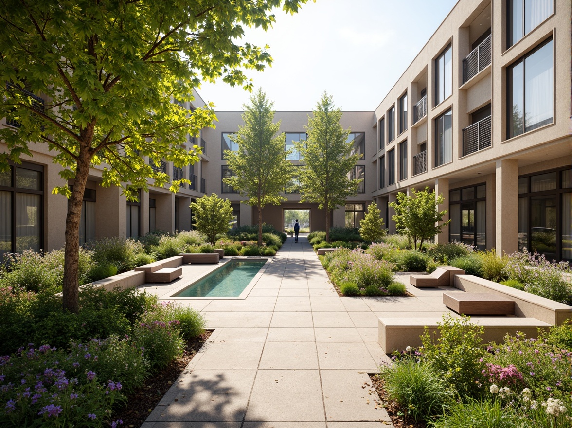 Prompt: Soothing hospital courtyard, lush greenery, vibrant flowers, water features, seating areas, walking paths, healing gardens, natural stone walls, modern hospital architecture, large windows, glass doors, blooming trees, sunny day, soft warm lighting, shallow depth of field, 3/4 composition, panoramic view, realistic textures, ambient occlusion, wheelchair-accessible ramps, outdoor patient waiting areas, calming color schemes, noise-reducing materials.