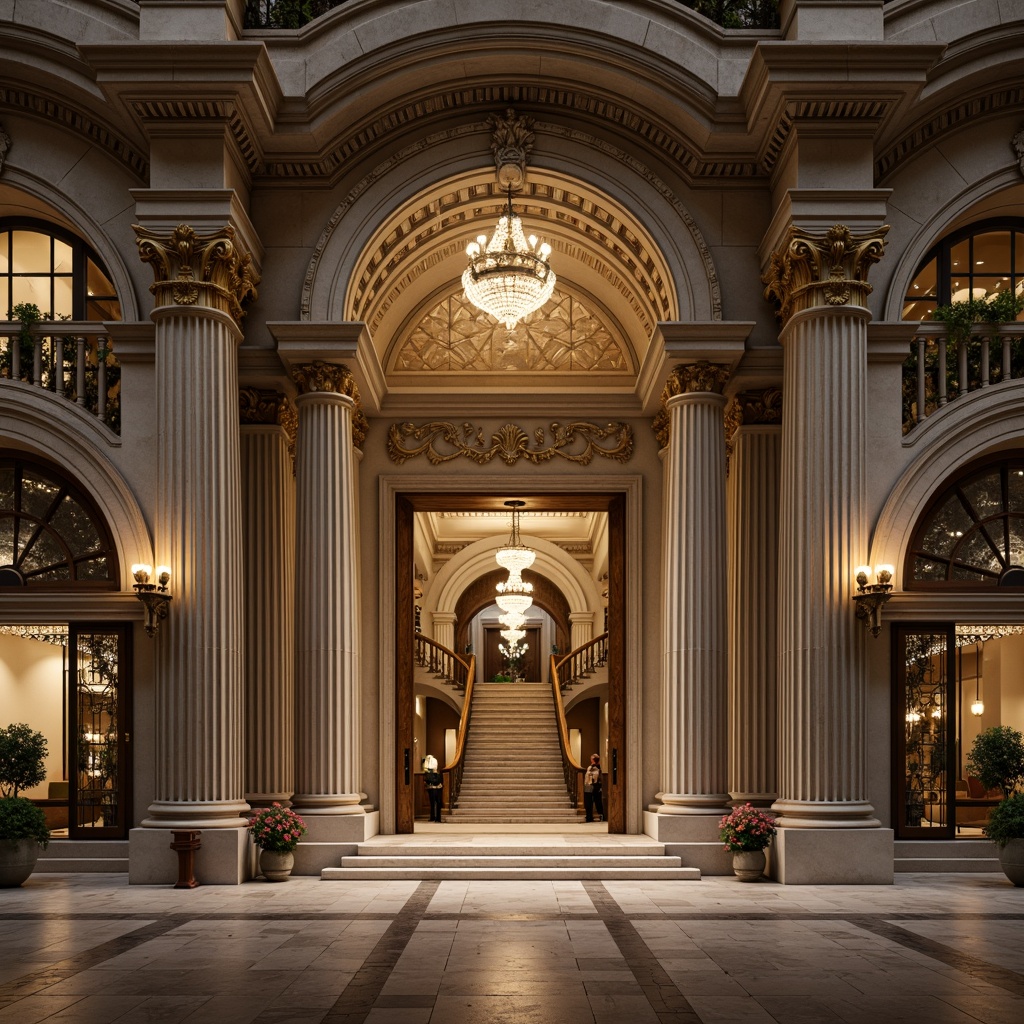 Prompt: Grandiose bank entrance, imposing columns, ornate capitals, symmetrical facade, rusticated base, arched windows, carved stone details, neoclassical ornaments, lavish chandeliers, polished marble floors, high ceilings, dramatic staircases, intricate moldings, golden accents, subtle warm lighting, 1/2 composition, shallow depth of field, realistic textures, ambient occlusion.