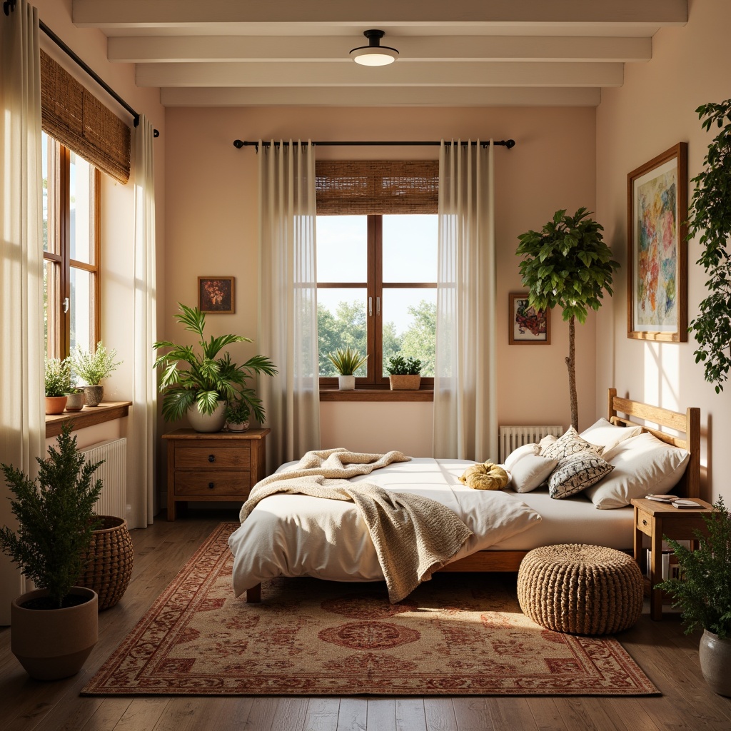 Prompt: Cozy dorm room, soft warm lighting, calming colors, plush bedding, wooden furniture, natural textures, earthy tones, soothing ambiance, relaxing atmosphere, pastel hues, creamy whites, rich woods, vintage decor, distressed finishes, eclectic accents, bohemian patterns, Moroccan-inspired tiles, lush greenery, potted plants, natural materials, organic shapes, warm beige walls, soft peach tones, calming blues, serene greens, abstract art pieces, minimalist decor.