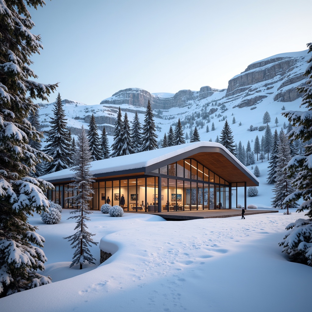 Prompt: Snow-capped mountains, frosty pine trees, icy slopes, modern ski center, glass fa\u00e7ade, transparent roof, minimalist design, sleek metal beams, wooden accents, warm cozy atmosphere, soft warm lighting, shallow depth of field, 3/4 composition, panoramic view, realistic textures, ambient occlusion.