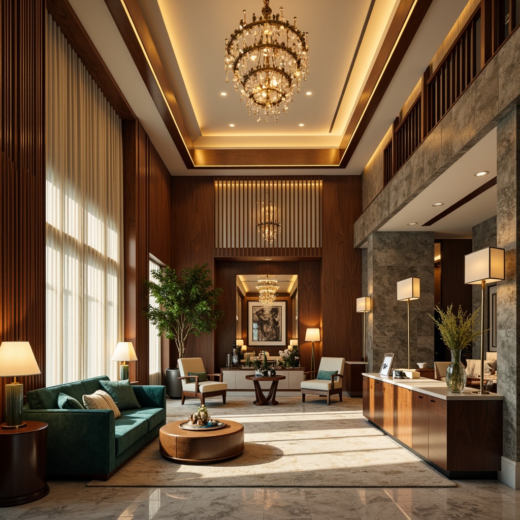 Prompt: Luxurious hotel lobby, rich wood accents, velvet sofas, marble floors, grand chandeliers, warm golden lighting, soft cream colors, deep navy blues, emerald greens, metallic copper tones, lavish curtains, ornate mirrors, elegant furnishings, sophisticated ambiance, serene atmosphere, natural stone walls, plush carpets, modern minimalist decor, subtle texture contrasts, 1/2 composition, shallow depth of field, warm and inviting color scheme.