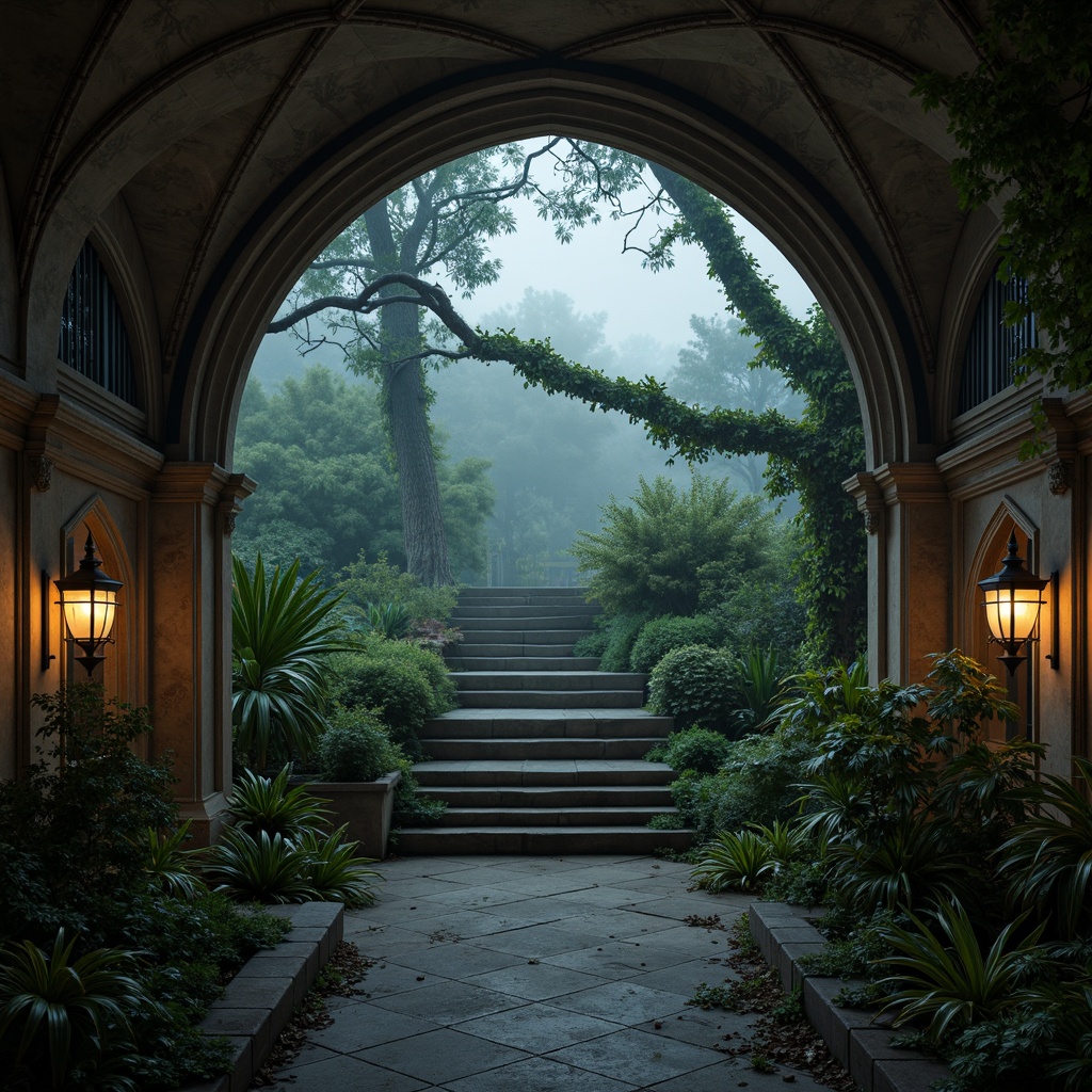 Prompt: Mysterious zoo entrance, Gothic arches, stone carvings, lush greenery, exotic plants, misty atmosphere, foggy morning, eerie silence, ancient trees, twisted branches, lantern-style lighting, intricate ironwork, grand staircases, vaulted ceilings, ornate decorations, mystical ambiance, fog machines, soft box lighting, cinematic composition, atmospheric perspective.