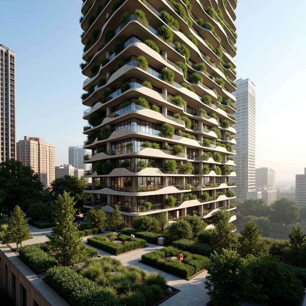 Prompt: Curved skyscraper, organic forms, lush green walls, natural stone fa\u00e7ade, expansive glass windows, abundant daylight, soft warm lighting, minimal artificial illumination, open-air gardens, verdant rooftops, thriving vegetation, misty morning atmosphere, subtle shadows, 3/4 composition, shallow depth of field, realistic textures, ambient occlusion.