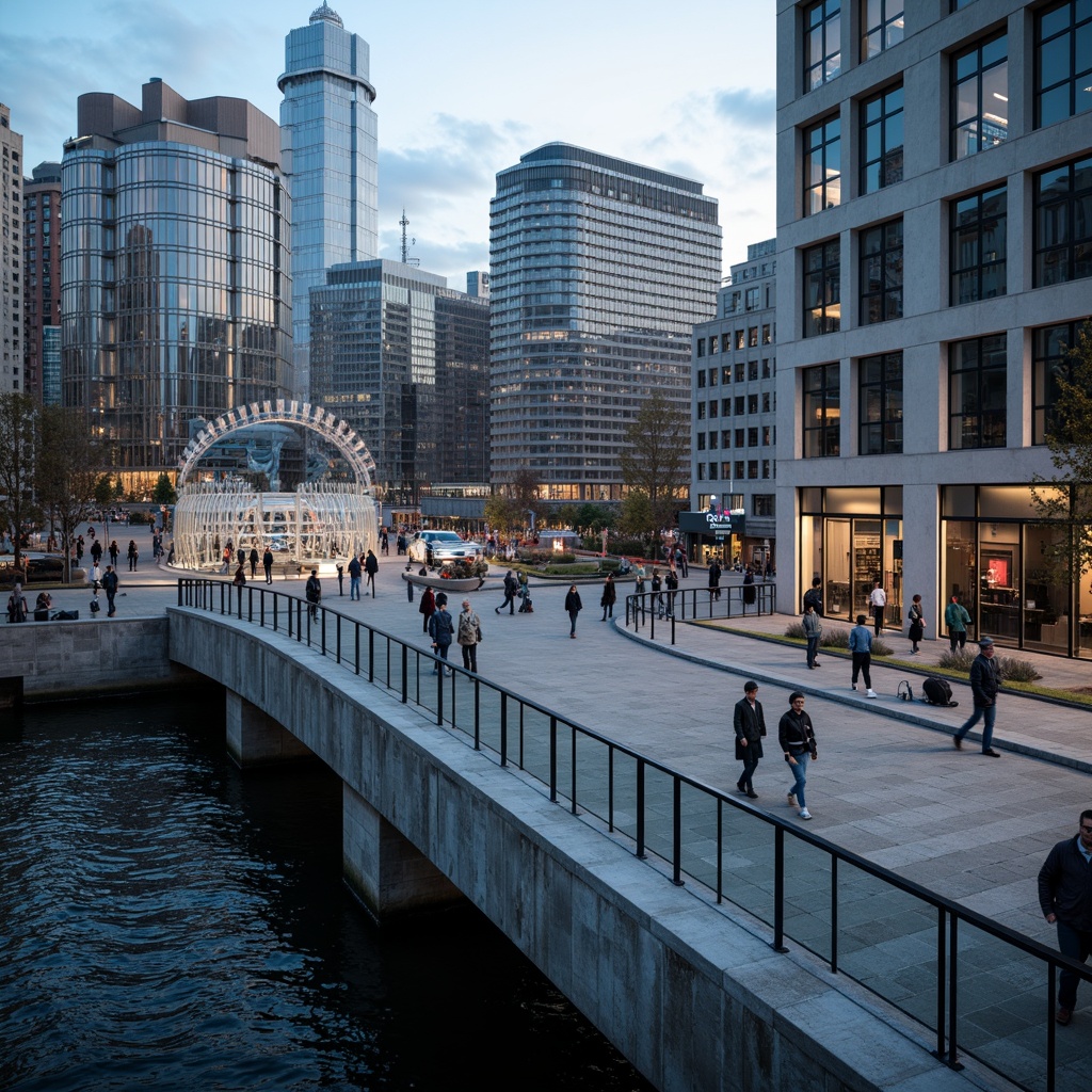 Prompt: Sleek pedestrian bridge, modernist architecture, clean lines, minimal ornamentation, steel beams, cable-stayed suspension, curved walkways, glass railings, LED lighting, urban cityscape, busy streets, concrete piers, abstract sculptures, brutalist textures, weathered steel surfaces, industrial materials, futuristic ambiance, high contrast lighting, shallow depth of field, 2/3 composition, atmospheric perspective.