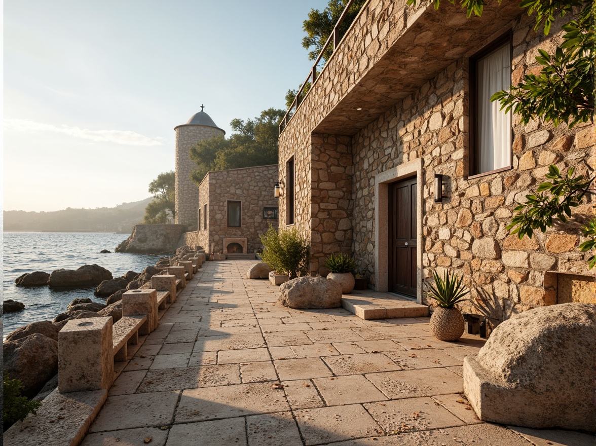 Prompt: Rustic coastal masonry, weathered stone walls, rugged sea-battered fa\u00e7ades, driftwood accents, ocean-inspired patterns, sandy beach textures, seaside promenade, salty air atmosphere, dramatic ocean views, crashing waves sounds, warm golden lighting, low-angle sunlight, 1/2 composition, symmetrical architecture, strong structural elements, natural material palette, earthy color tones, ornate stone carvings, decorative arches, Mediterranean-style buildings, fortified towers, ancient ruins inspiration.