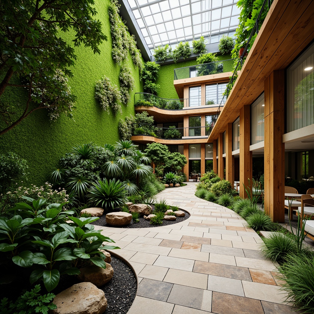 Prompt: Vibrant green walls, living roofs, natural stone floors, reclaimed wood accents, organic shapes, curved lines, abundant daylight, clerestory windows, skylights, solar tubes, biometric patterns, leaf-inspired forms, eco-friendly materials, energy-efficient systems, water features, small ponds, lush vegetation, tropical plants, natural textiles, earthy color palette, soft warm lighting, shallow depth of field, 3/4 composition, panoramic view, realistic textures, ambient occlusion.