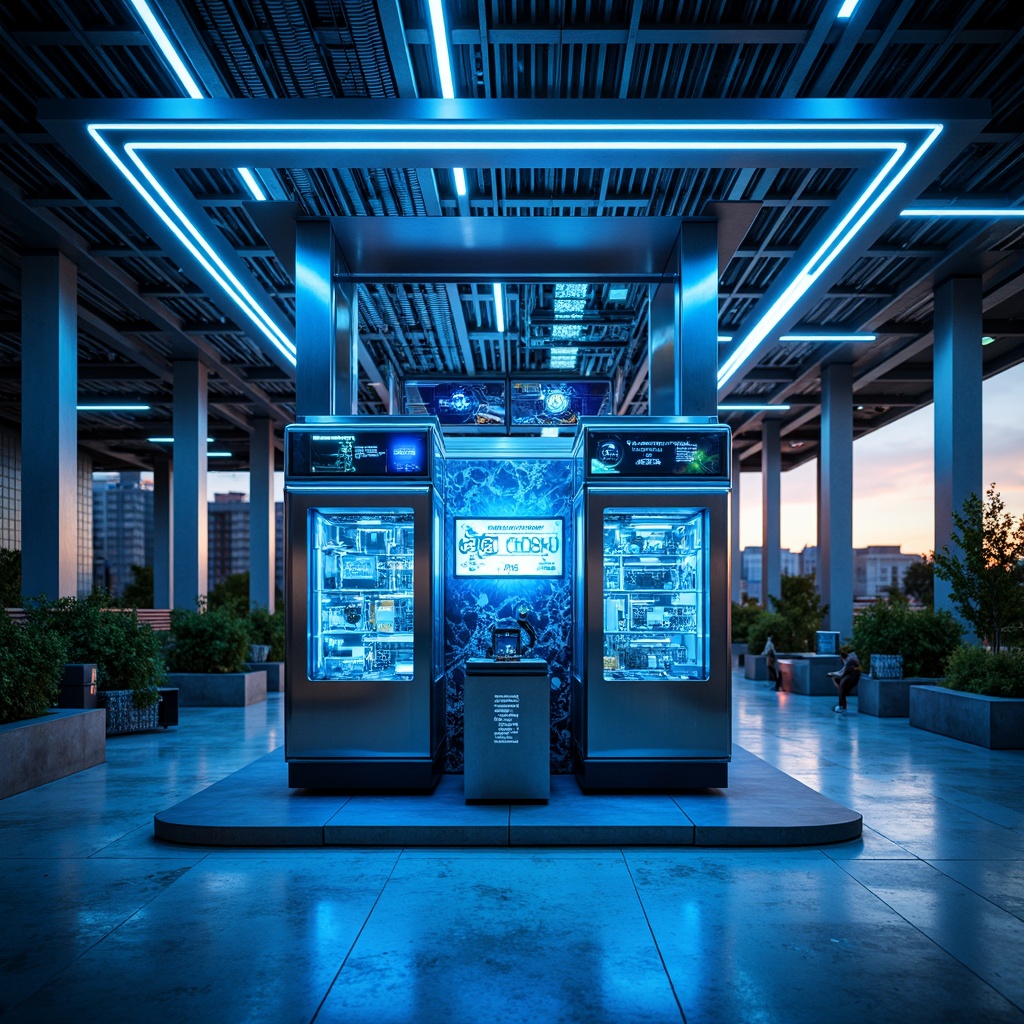 Prompt: Ornate charging station, futuristic architecture, sleek metal beams, LED light strips, glowing neon accents, polished chrome finishes, high-tech gadgetry, modern minimalist interior, vibrant electric blue color scheme, urban cityscape backdrop, evening twilight atmosphere, shallow depth of field, 1/1 composition, realistic metallic textures, ambient occlusion, intricate circuit board patterns, futuristic typography, digital displays, interactive user interfaces.