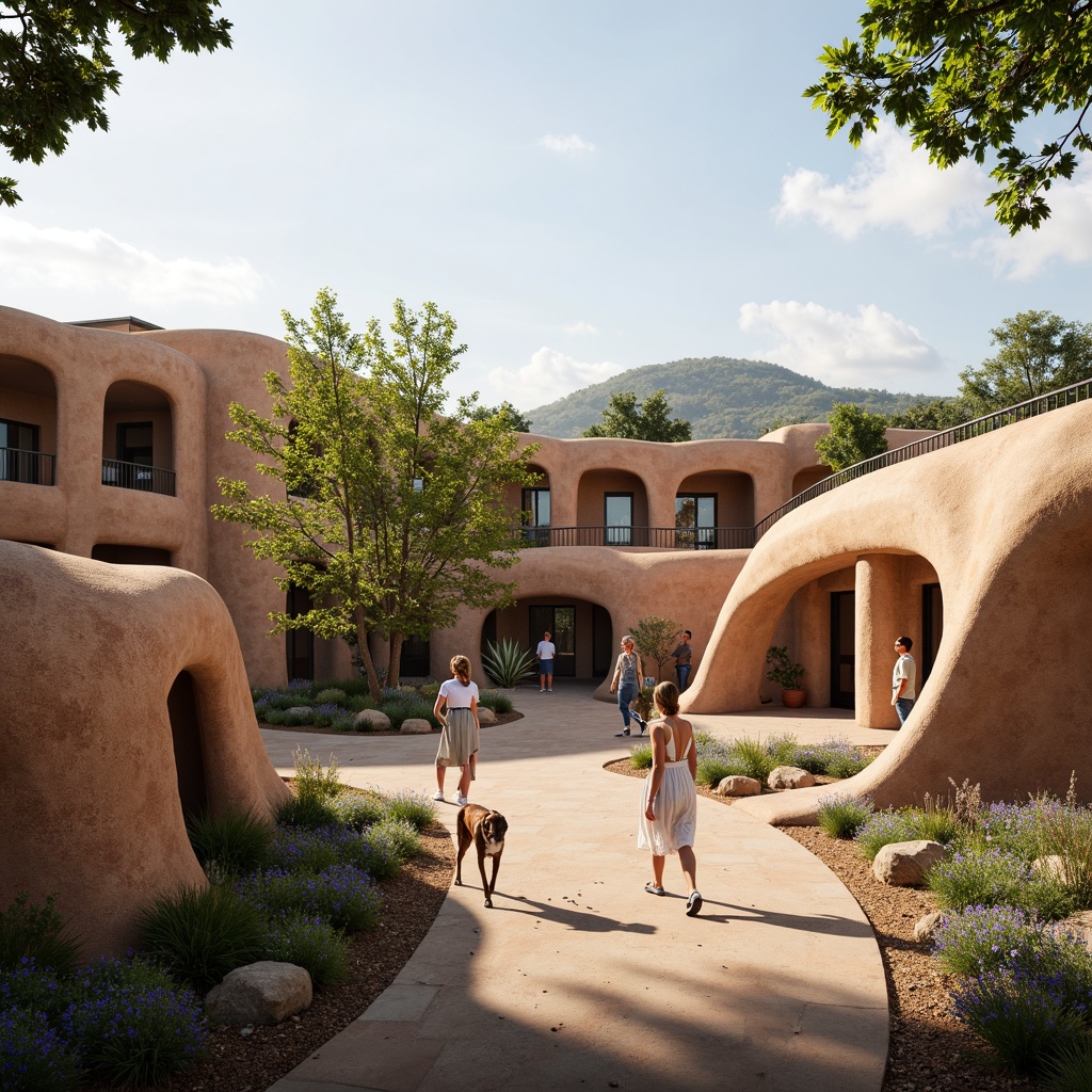 Prompt: Eco-friendly university campus, rammed earth buildings, natural clay tones, curved lines, modern academic architecture, green roofs, solar panels, sustainable energy systems, vibrant student artwork, educational signage, tree-lined walkways, shaded outdoor spaces, warm earthy lighting, 1/1 composition, soft focus, realistic textures, ambient occlusion.