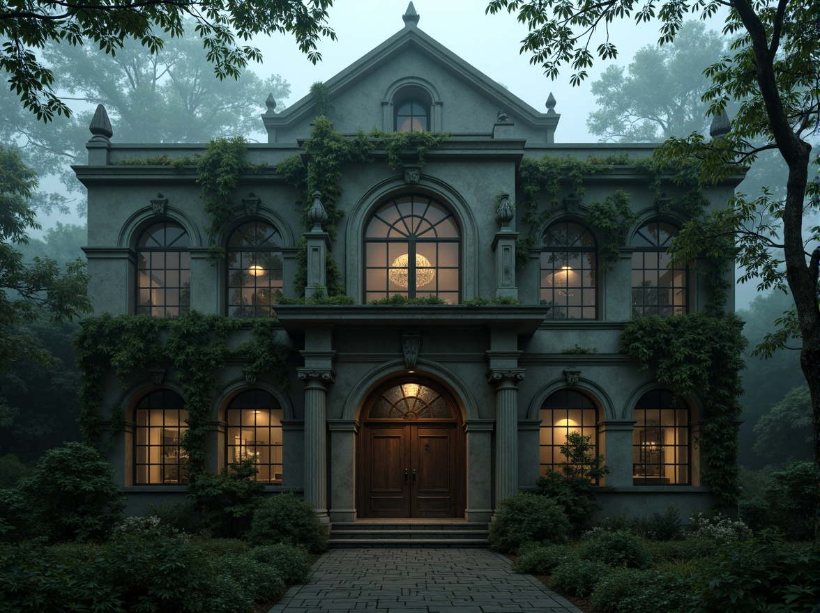 Prompt: Mysterious Gothic office building, overgrown ivy walls, crumbling stone fa\u00e7ade, ornate gargoyles, grand entrance arches, weathered bronze doors, eerie misty atmosphere, mystical forest surroundings, twisted ancient trees, foggy dawn lighting, low-key mysterious ambiance, 1/2 composition, cinematic view, rich textures, dramatic shadows.