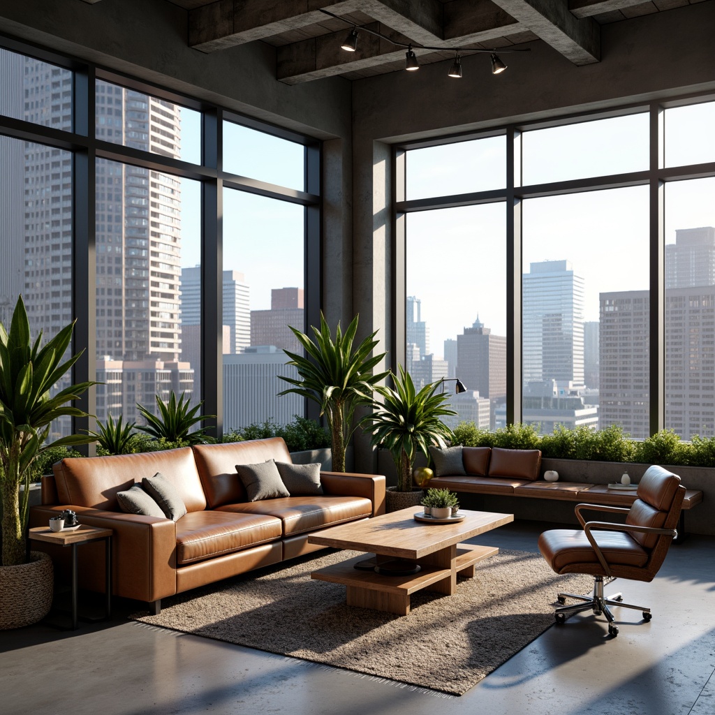 Prompt: Modern living room, sleek leather sofa, polished wood coffee table, floor-to-ceiling windows, urban cityscape views, minimalist decor, industrial metal lighting, concrete flooring, vibrant greenery, cozy reading nook, ergonomic chair, task-oriented desk lamp, 3/4 composition, soft warm lighting, realistic textures, ambient occlusion.