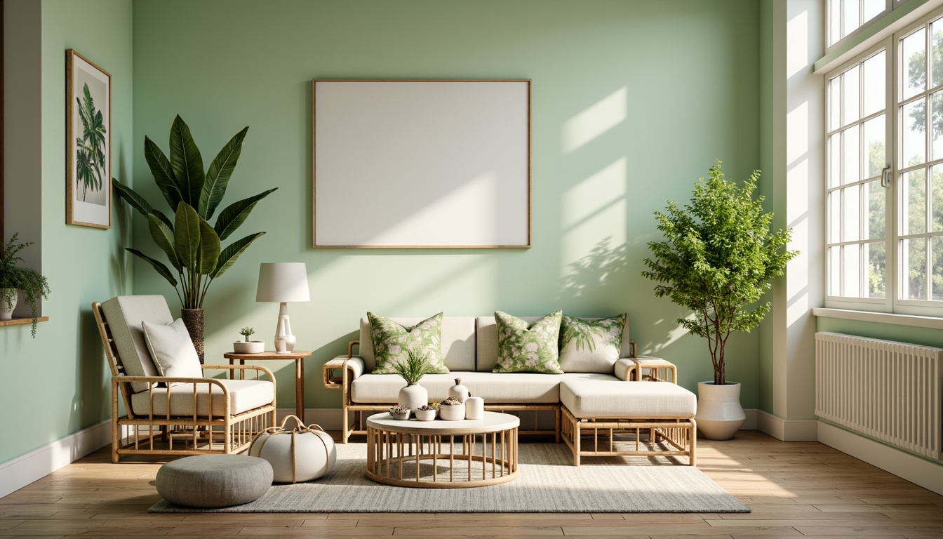 Prompt: Soft mint walls, pale green accents, creamy white trim, natural wood flooring, woven rattan furniture, lush greenery, botanical prints, delicate ceramics, warm beige lighting, shallow depth of field, 1/2 composition, soft focus, gentle bokeh, realistic textures, ambient occlusion.