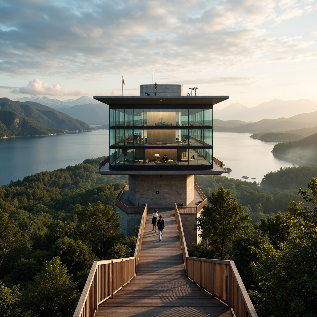 Prompt: Panoramic viewing tower, winding staircase, rustic wooden railings, expansive glass windows, breathtaking 360-degree views, rolling hills, lush green forests, serene lake waters, dramatic mountain ranges, misty morning atmosphere, warm golden lighting, shallow depth of field, 1/2 composition, symmetrical architecture, natural stone foundation, modern minimalist design, sleek metal accents, observation decks, telescope installations, interactive exhibits, informative signage, ambient soundscape.