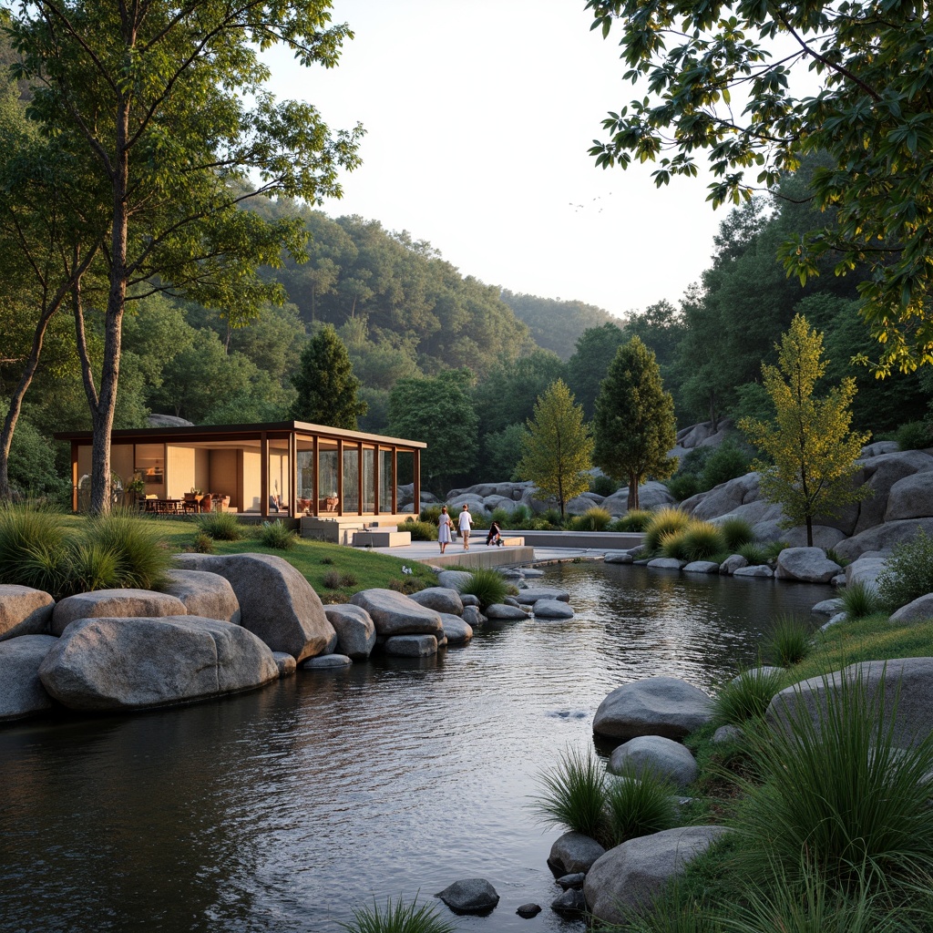 Prompt: Riverbank setting, serene water flow, lush green vegetation, limestone rocks, minimalist architecture, clean lines, simple shapes, neutral color palette, natural textures, wooden accents, steel frames, floor-to-ceiling windows, sliding glass doors, outdoor seating areas, built-in benches, soft warm lighting, shallow depth of field, 3/4 composition, panoramic view, realistic reflections, ambient occlusion.