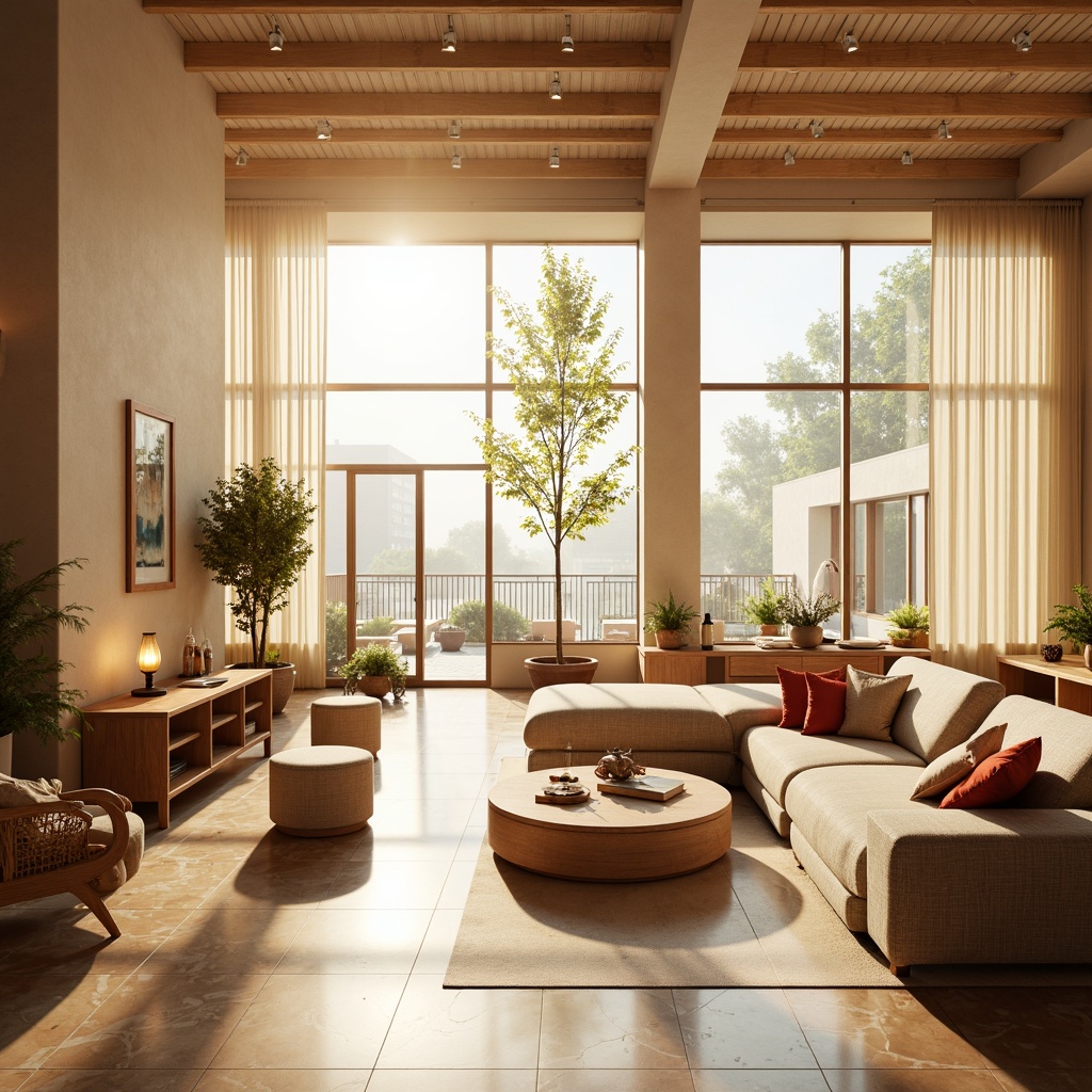 Prompt: Bright interior ambiance, warm natural light, large windows, minimal window treatments, sheer curtains, open floor plans, reflective surfaces, polished marble floors, high ceilings, airy atmosphere, vibrant color schemes, minimalist decor, cozy reading nooks, comfortable seating areas, task lighting, pendant lamps, soft shadows, warm color temperatures, inviting spaces, 1/1 composition, shallow depth of field, realistic textures, ambient occlusion.