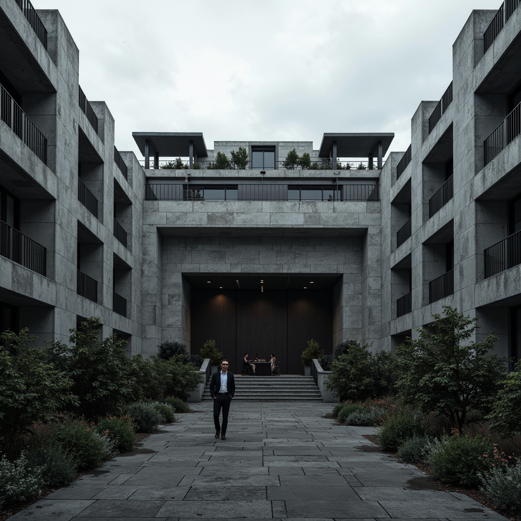 Prompt: Rugged auditorium exterior, brutalist architecture style, exposed concrete walls, raw unfinished surfaces, bold geometric forms, fortress-like structure, dramatic cantilevered roofs, industrial metal beams, minimalist ornamentation, harsh overhead lighting, dense urban surroundings, gloomy overcast skies, high-contrast dramatic shadows, 2/3 composition, symmetrical framing, stark realistic textures, ambient occlusion.