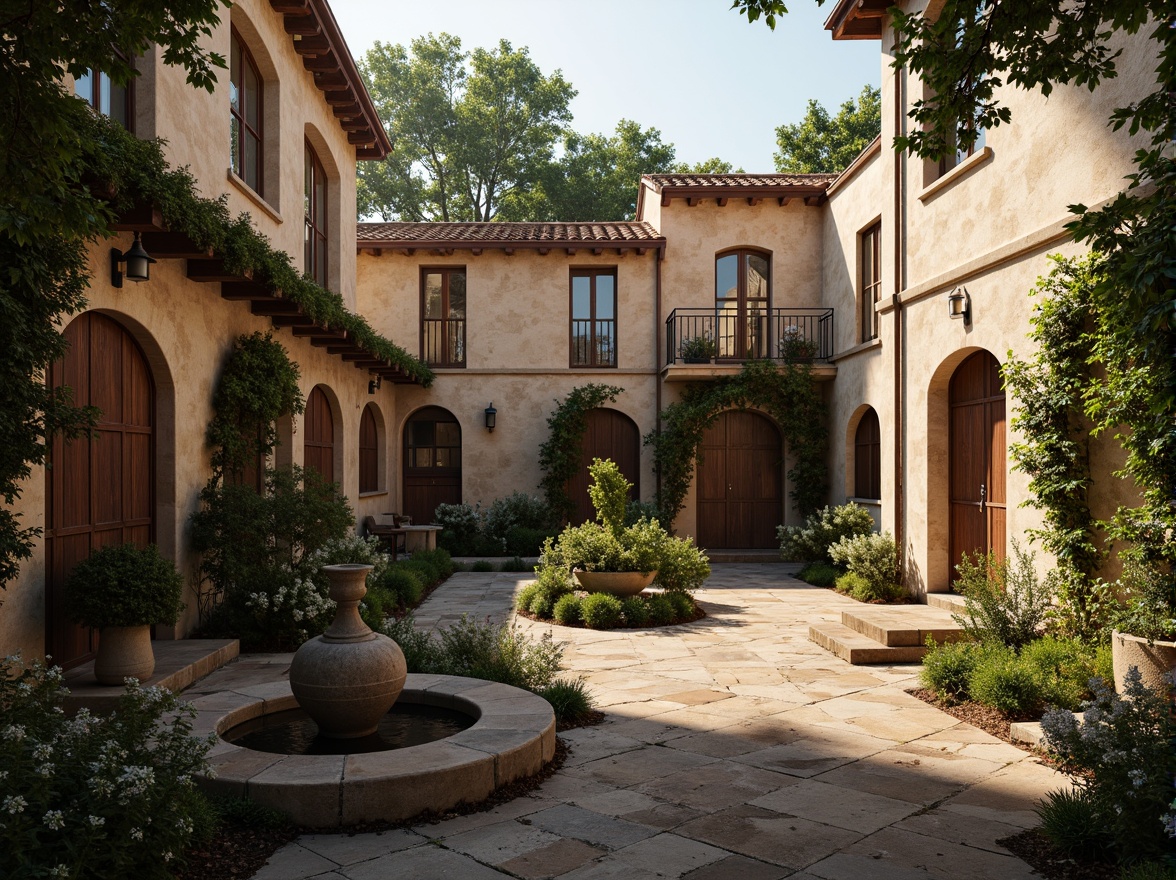 Prompt: Rustic monastery-style housing, stone-clad facades, arched windows, ornate wooden doors, weathered copper roofs, lush green vines, tranquil courtyards, serene water features, natural stone pathways, warm golden lighting, soft shadows, 1/1 composition, intimate focus, earthy tones, distressed textures, ambient occlusion.