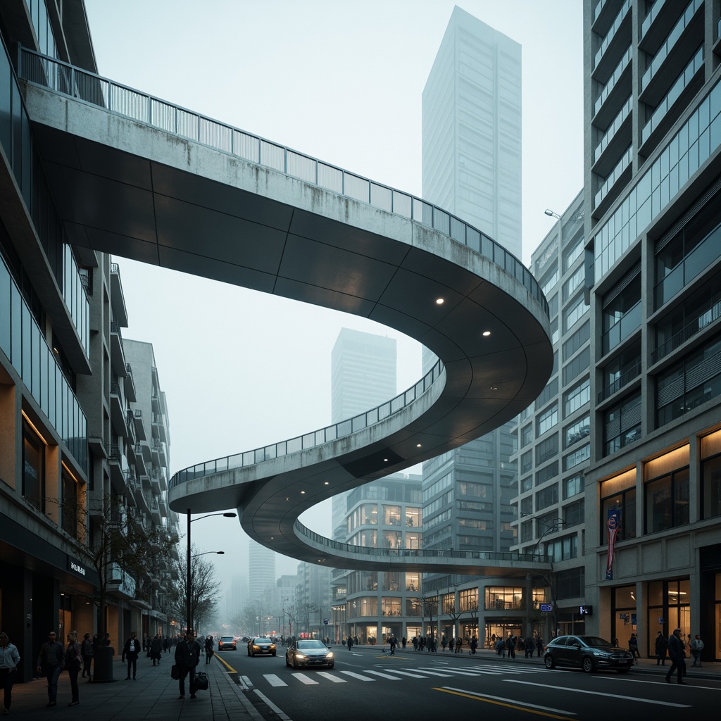 Prompt: Sleek vehicular bridges, modernist architecture, curved lines, metallic structures, silver coatings, urban cityscapes, misty morning fog, dramatic lighting, low-angle shots, 1/1 composition, symmetrical balance, abstract reflections, minimalist details, industrial materials, exposed steel beams, geometric patterns, futuristic ambiance, high-contrast tones, cinematic mood, atmospheric perspective.