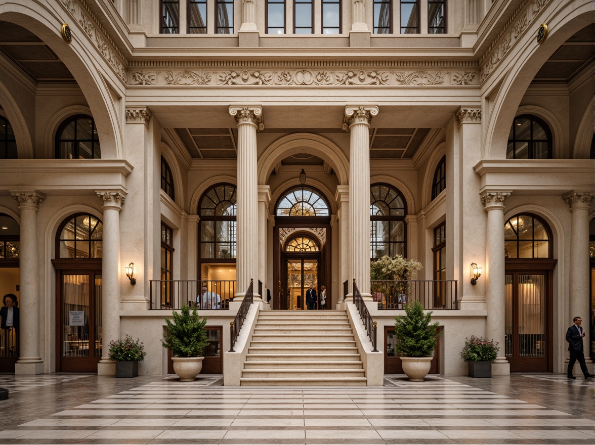 Prompt: Grandiose bank entrance, symmetrical facade, Corinthian columns, ornate details, neoclassical architecture, rusticated base, arched windows, carved stone decorations, grand staircase, high ceiling lobby, marble floors, intricate moldings, gilded accents, classical proportions, harmonious balance, natural light, soft warm tones, shallow depth of field, 1/1 composition, realistic textures, ambient occlusion.