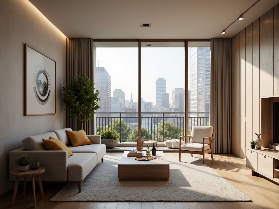 Prompt: Modern living room, minimalist decor, sleek lines, comfortable furniture, soft cushions, warm lighting, cozy atmosphere, functional layout, hidden storage, wooden flooring, neutral color palette, floor-to-ceiling windows, natural light, urban views, cityscape, 1/1 composition, shallow depth of field, realistic textures, ambient occlusion.