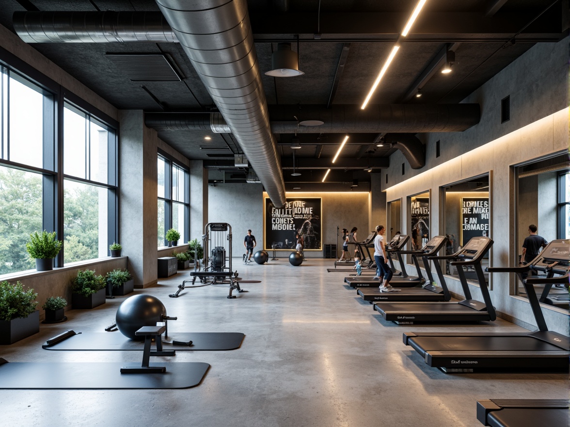 Prompt: Minimalist fitness club interior, industrial chic decor, polished concrete floors, exposed ductwork, sleek metal beams, floor-to-ceiling windows, natural light, neutral color palette, monochromatic tones, minimalist workout equipment, free weights, treadmills, yoga mats, mirrored walls, motivational quotes, modern LED lighting, ambient glow, 1/1 composition, shallow depth of field, realistic textures, subtle reflections.