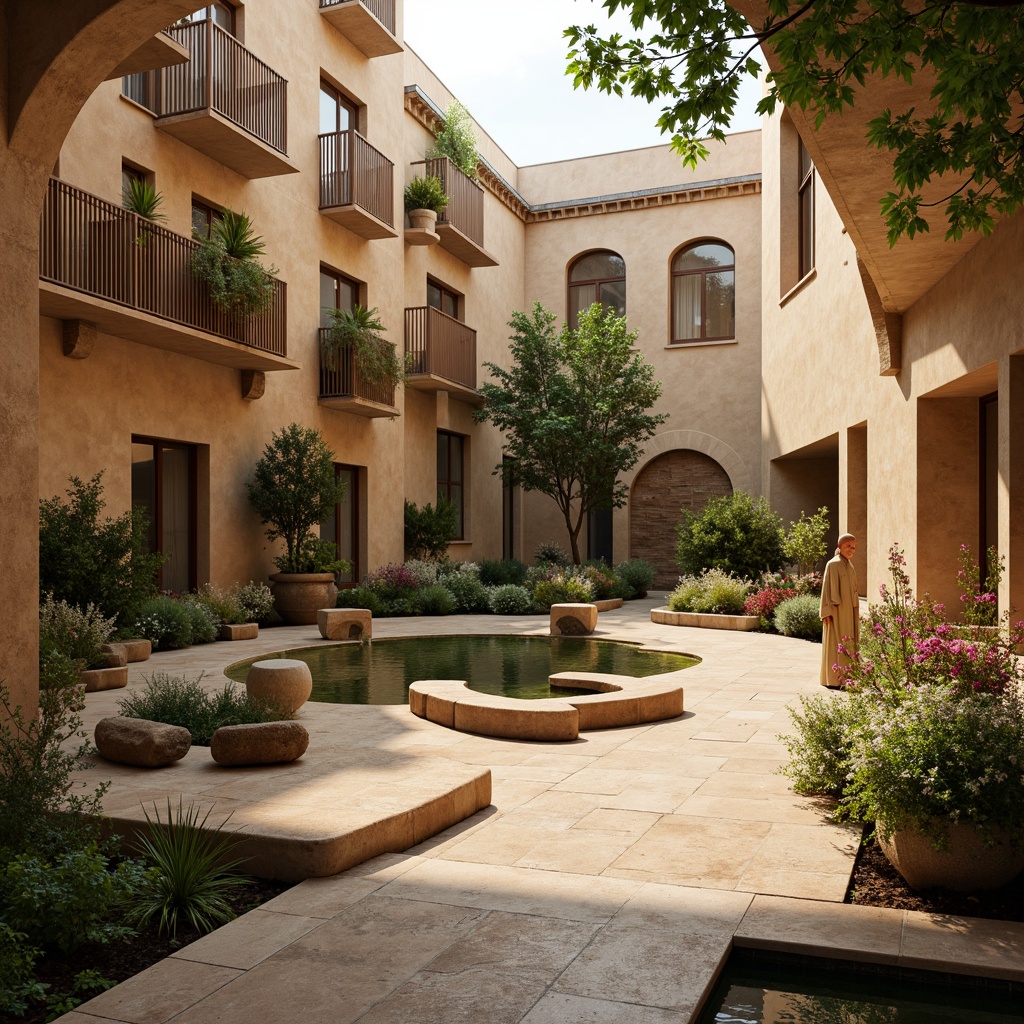 Prompt: Soothing monastery courtyard, serene atmosphere, earthy tone buildings, warm beige walls, natural stone flooring, soft golden lighting, peaceful water features, lush greenery, vibrant flowers, rustic wooden doors, spiritual artifacts, calming ambiance, subtle texture variations, gentle color transitions, 1/1 composition, shallow depth of field, realistic material reflections.