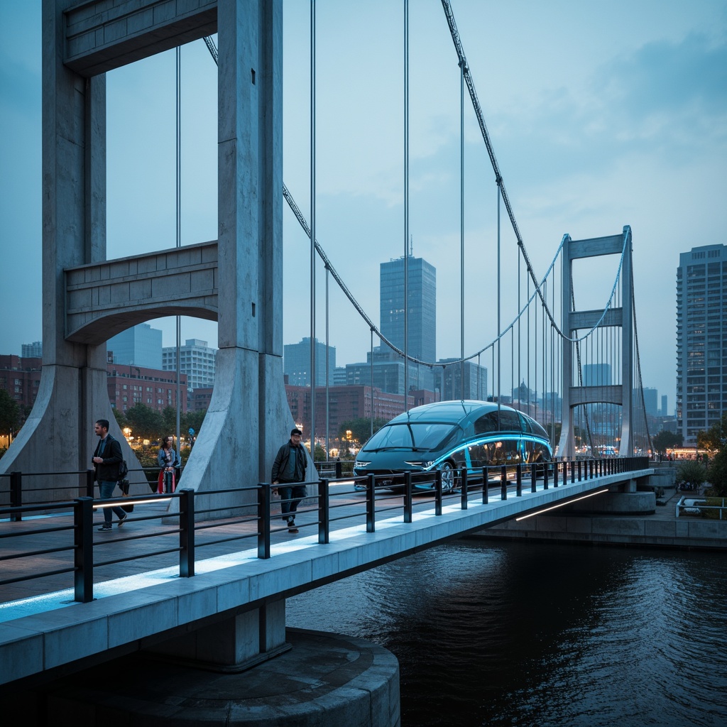 Prompt: Futuristic suspension bridge, metallic silver beams, neon blue accents, glowing white LED lights, sleek black railings, modernist architecture, angular lines, minimalist design, high-gloss finishes, reflective surfaces, urban cityscape, misty morning atmosphere, soft warm lighting, shallow depth of field, 3/4 composition, panoramic view, realistic textures, ambient occlusion.