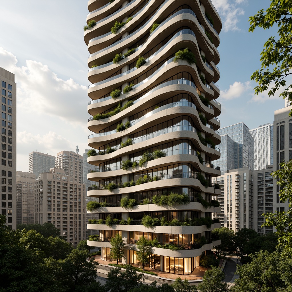 Prompt: Curved skyscraper facade, organic shapes, natural stone cladding, living green walls, cantilevered balconies, wavy lines, futuristic architecture, high-rise buildings, urban jungle, city skyline, cloudy sky, warm golden lighting, shallow depth of field, 1/2 composition, realistic textures, ambient occlusion, modern minimalist interior design, sleek metal accents, polished wood floors, floor-to-ceiling windows, panoramic views, eco-friendly materials, sustainable energy systems.