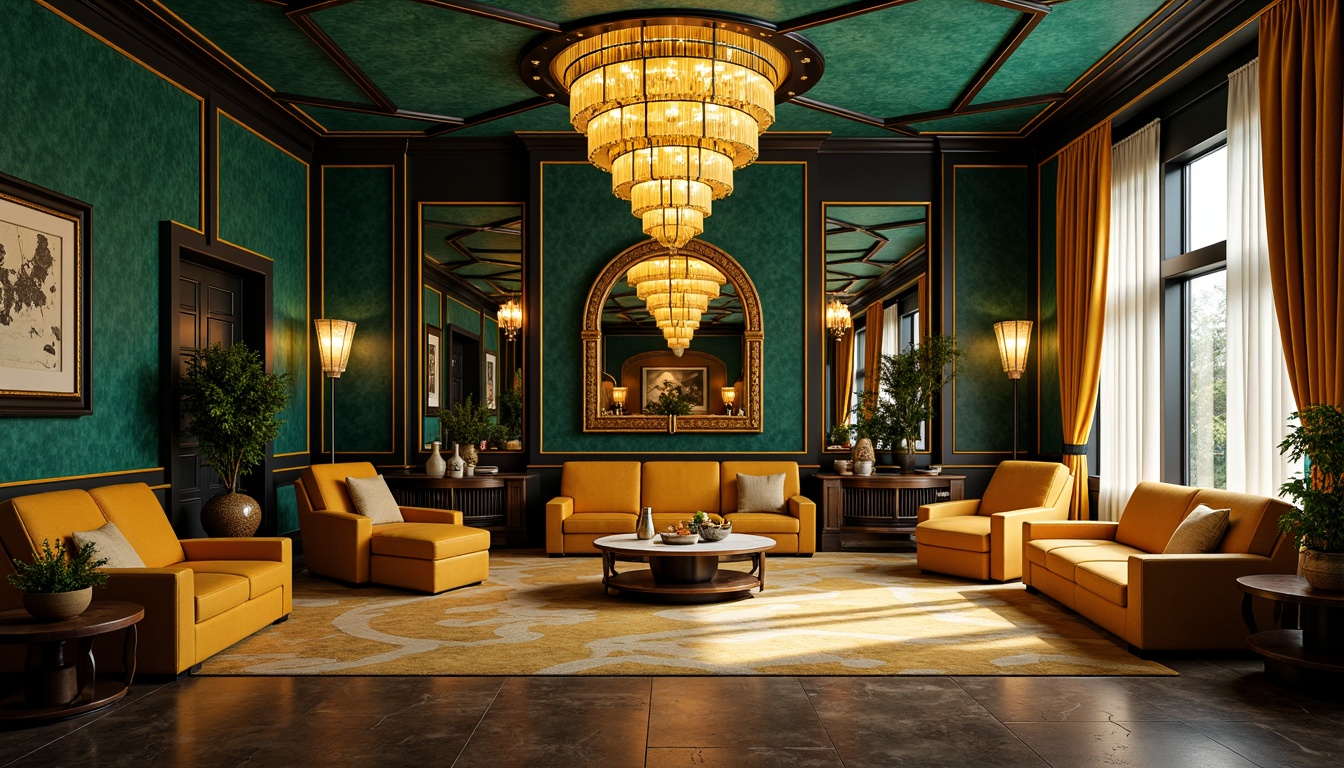 Prompt: Luxurious art deco interior, opulent chandeliers, geometric patterns, metallic accents, rich jewel-toned colors, emerald green walls, sapphire blue ceilings, amber yellow furnishings, bold black outlines, ornate mirrors, lavish textiles, velvet drapes, chrome fixtures, sunburst motifs, zigzag designs, high-contrast lighting, dramatic shadows, 1/1 composition, central symmetry, warm golden lighting, realistic reflections.