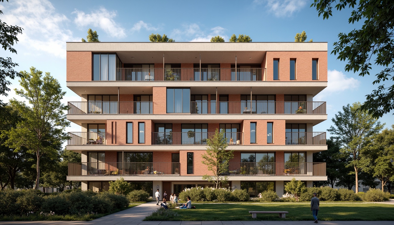 Prompt: Geometric dormitory facade, bold rectangular forms, clean lines, minimal ornamentation, functional simplicity, industrial materials, exposed brick walls, steel windows, cantilevered balconies, asymmetrical compositions, primary color accents, urban campus setting, sunny afternoon, high contrast lighting, deep shadows, 2/3 composition, dramatic angles, abstract textures, architectural photography.