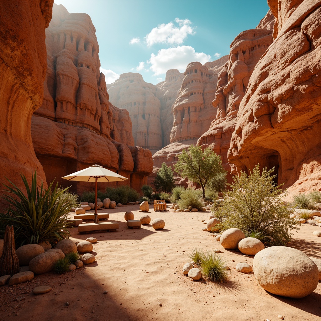 Prompt: Warm canyon landscape, rust-red rock formations, sandy beige terrain, turquoise-blue skies, vibrant green cacti, weathered wood accents, distressed stone textures, earthy terracotta hues, natural linen fabrics, soft golden lighting, high contrast shadows, cinematic composition, atmospheric depth of field, 2.35