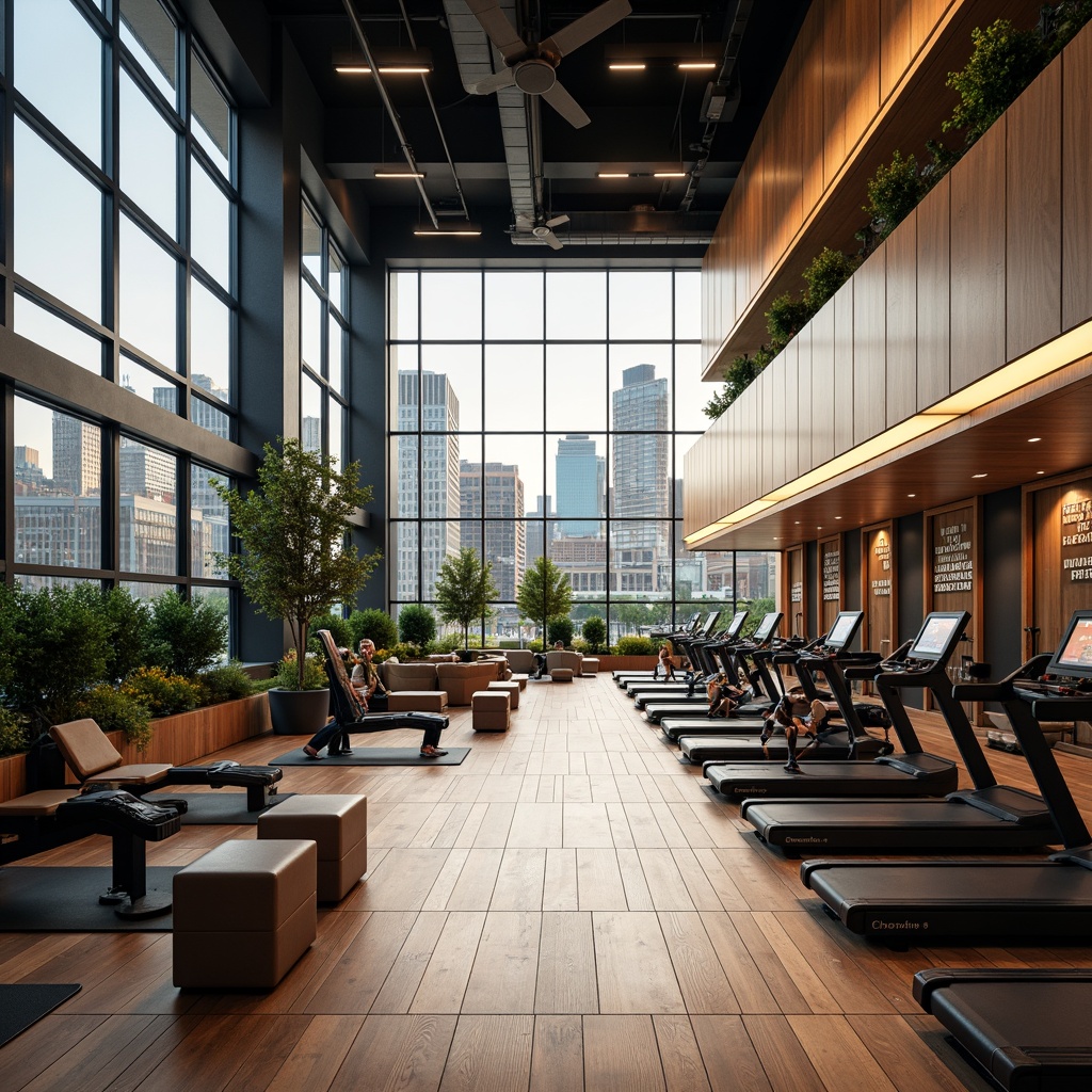 Prompt: Modern fitness club interior, high ceilings, large windows, natural light pouring in, wooden floors, sleek equipment, free weights, cardio machines, strength training zones, yoga studios, mirrored walls, motivational quotes, ambient LED lighting, 3/4 composition, shallow depth of field, warm color tones, energetic atmosphere, urban cityscape views, outdoor terraces, green roofs, sustainable building materials.