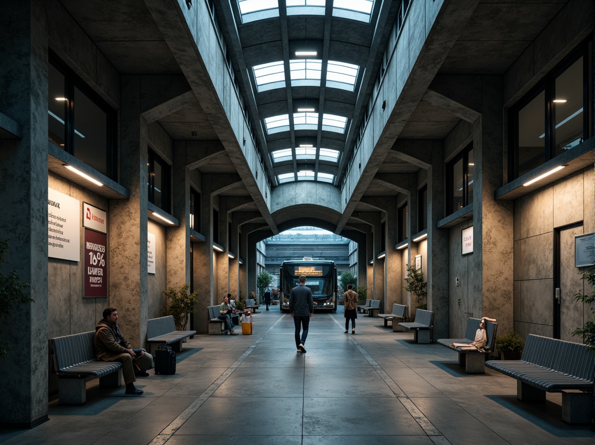 Prompt: Rugged bus station interior, exposed concrete walls, industrial-style lighting, functional metal benches, minimalist signage, raw textured finishes, geometric-shaped pillars, low-ceilinged waiting areas, dimly lit corridors, cold atmospheric ambiance, high-contrast shadows, dramatic archways, brutalist architectural style, urban transportation hub, busy commuter atmosphere, realistic material textures, 1/2 composition, softbox lighting, cinematic mood.