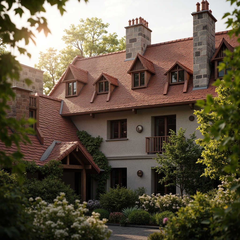 Prompt: Romanesque-inspired roofing, curved terracotta tiles, ornate stone carvings, grandiose architectural details, rustic metal fixtures, weathered copper accents, asymmetrical rooflines, majestic chimneys, ornamental finials, lush greenery, ivy-covered walls, warm golden lighting, soft afternoon sun, shallow depth of field, 1/2 composition, realistic textures, ambient occlusion.