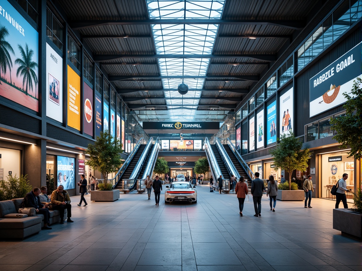 Prompt: Bustling transportation hub, modern architecture, sleek metal structures, glass roofs, efficient traffic flow, pedestrian-friendly zones, vibrant signage, dynamic LED displays, futuristic escalators, spacious waiting areas, comfortable seating, natural stone flooring, ample lighting, shallow depth of field, 3/4 composition, panoramic view, realistic textures, ambient occlusion.