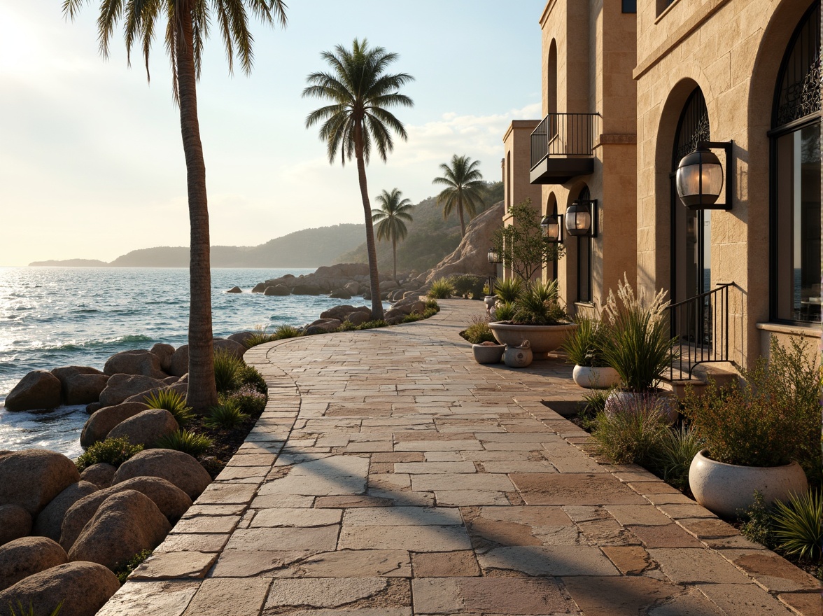 Prompt: Rugged coastline, ocean waves crashing, salty sea air, weathered stone walls, rustic masonry, natural rock formations, beachside promenade, driftwood accents, nautical-themed decorations, coral-inspired patterns, warm beige stucco, Mediterranean-style architecture, arched windows, ornate ironwork, distressed wood textures, soft warm lighting, atmospheric misting, 1/1 composition, realistic renderings, ambient occlusion.