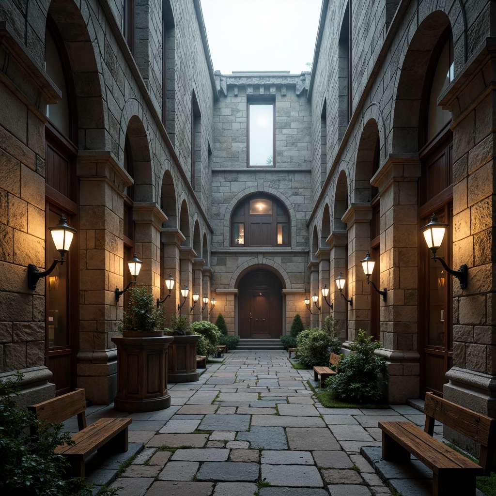 Prompt: Rustic university campus, weathered stone walls, Gothic architecture, ornate carvings, pointed arches, ribbed vaults, grand halls, wooden benches, stone pedestals, lantern-style lamps, misty morning, soft diffused lighting, high contrast ratio, 1/1 composition, realistic stone textures, ambient occlusion.