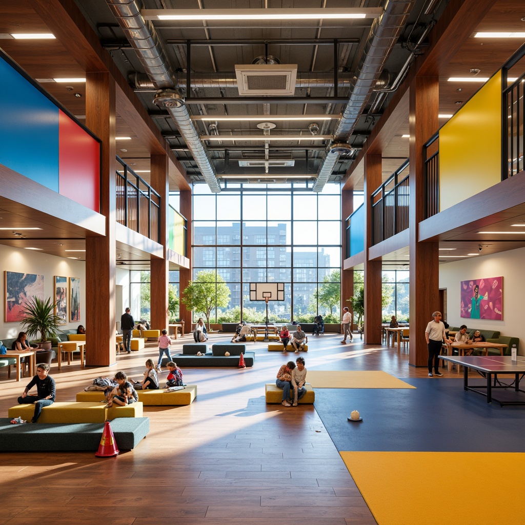 Prompt: Vibrant youth center, symmetrical layout, modern architecture, bright colors, energetic atmosphere, open spaces, social areas, recreational facilities, ping-pong tables, basketball courts, comfortable seating, wooden floors, natural light, floor-to-ceiling windows, minimalist decor, geometric patterns, bold typography, interactive exhibits, educational zones, collaborative workspaces, flexible furniture, adaptive lighting, shallow depth of field, 1/1 composition, panoramic view, realistic textures, ambient occlusion.