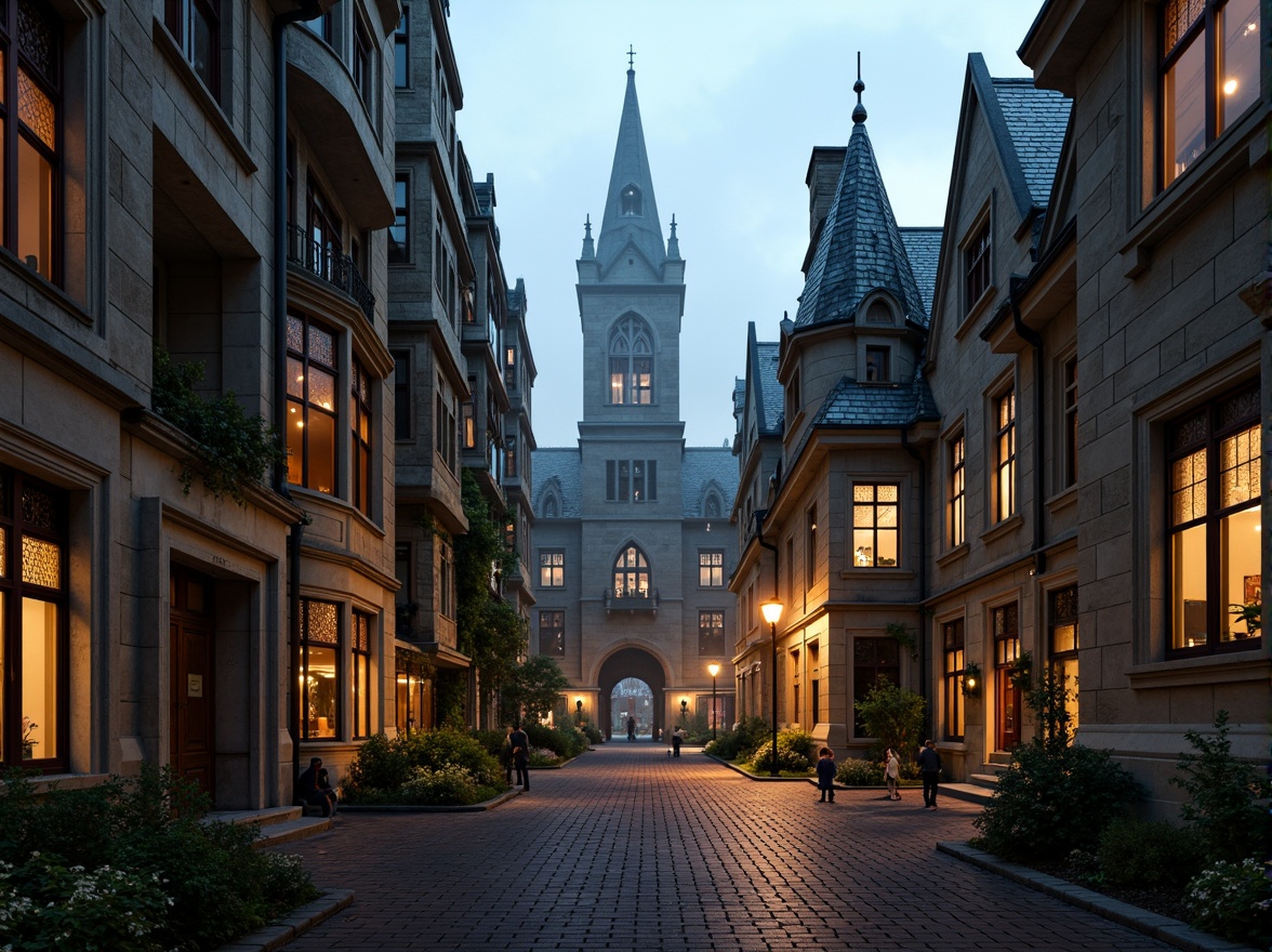 Prompt: Historic university campus, Gothic Revival architecture, ornate stone carvings, pointed arches, ribbed vaults, flying buttresses, stained glass windows, richly toned brickwork, weathered limestone, moss-covered walls, ivy-clad towers, mysterious twilight atmosphere, warm golden lighting, subtle fog effects, cinematic composition, 1/2 camera angle, high contrast ratio, detailed textures, ambient occlusion.