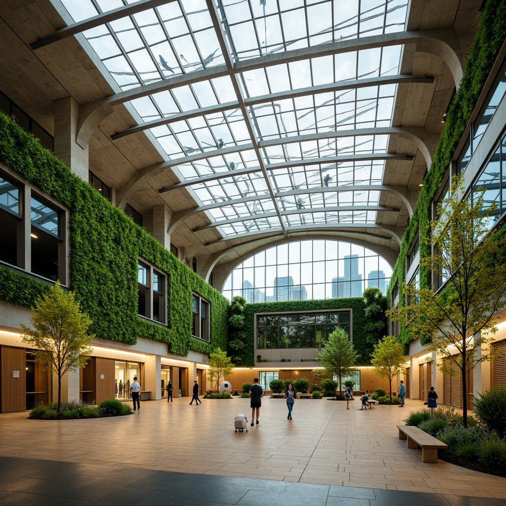 Prompt: Vibrant gymnasium, lush green walls, energy-efficient lighting, solar panels, wind turbines, natural ventilation systems, large windows, translucent roofs, recyclable materials, water conservation systems, eco-friendly flooring, modern architecture, curved lines, minimalist design, ambient occlusion, soft warm lighting, shallow depth of field, 3/4 composition, panoramic view, realistic textures.