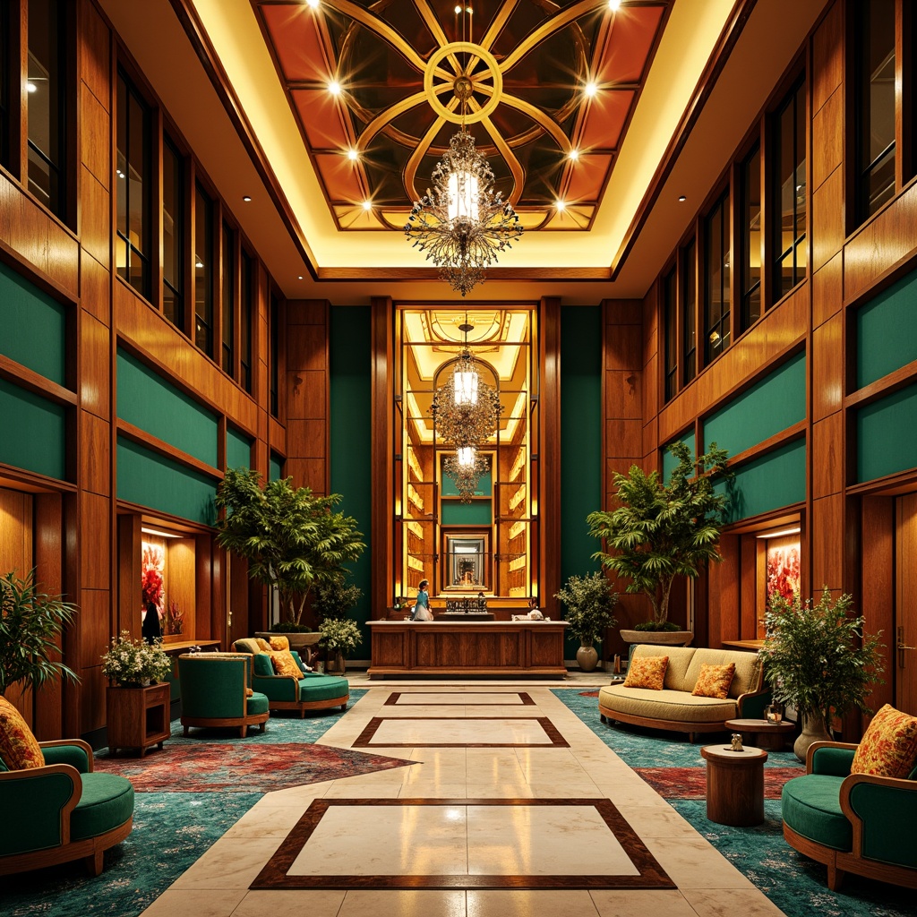 Prompt: Luxurious Art Deco interior, opulent furnishings, vibrant color palette, metallic accents, geometric patterns, ornate details, lavish textiles, rich jewel tones, emerald green, sapphire blue, ruby red, amber yellow, chrome fixtures, marble floors, high-gloss finishes, dramatic chandeliers, sunburst motifs, zigzag designs, exotic wood inlays, intricate moldings, ornate mirrors, glamorous ambiance, sophisticated lighting, 1/1 composition, shallow depth of field, warm golden tones.