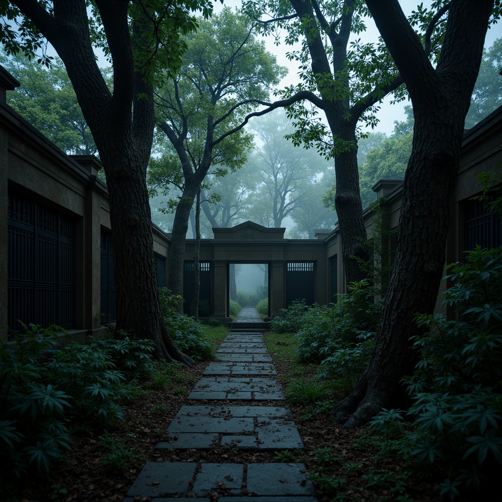 Prompt: Dark mysterious forest, twisted black tree branches, natural stone pathways, eerie misty atmosphere, subtle moonlight, dramatic high contrast, black ornate metal gates, weathered wooden fences, lush green foliage, moss-covered ancient ruins, foggy dawn, cinematic composition, 1/3 rule, low-key lighting, rich textures, atmospheric perspective.