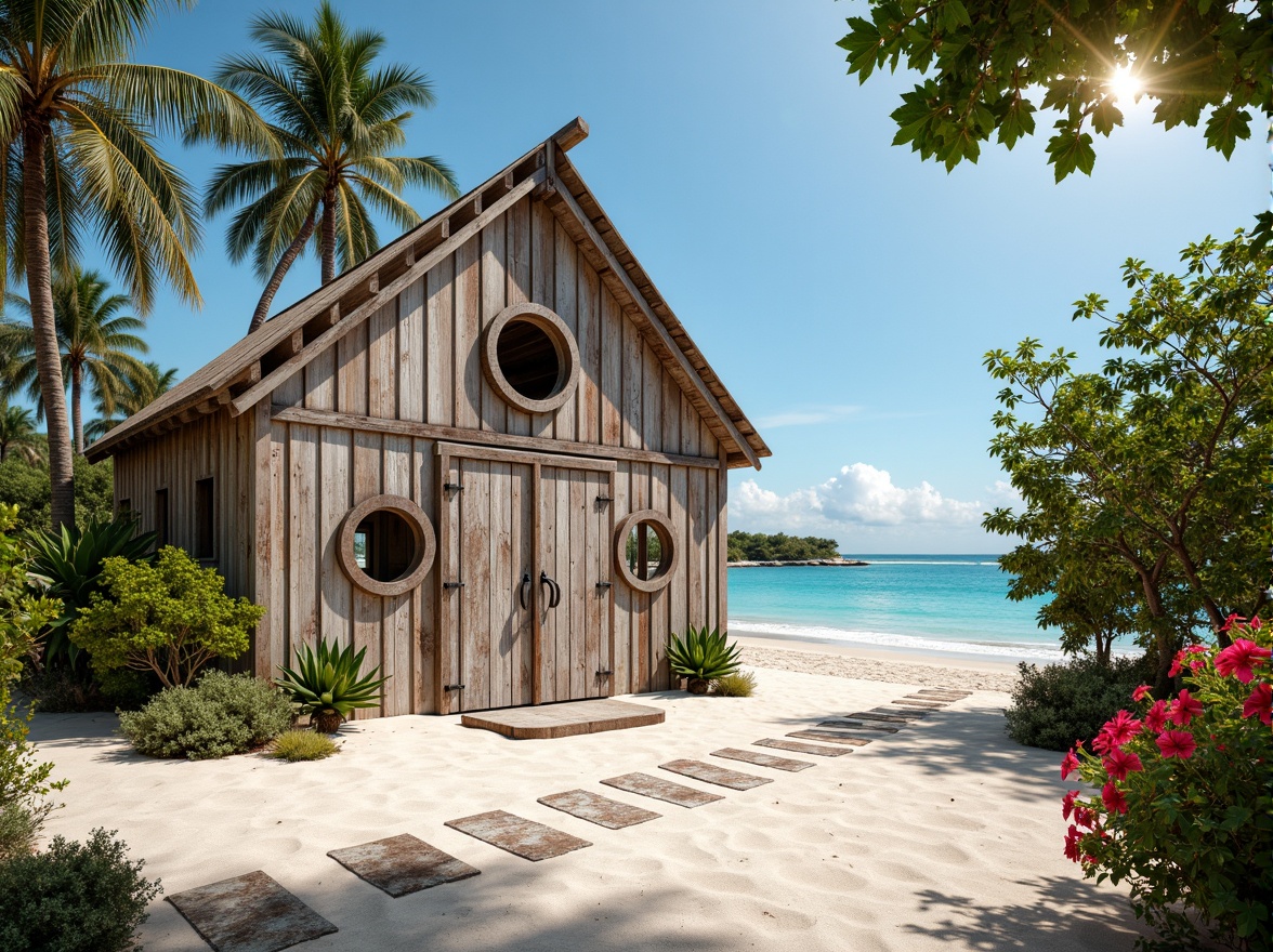 Prompt: Driftwood beachside barn, weathered wooden planks, rusty metal accents, nautical ropes, porthole windows, seaside dunes, tropical palm trees, vibrant hibiscus flowers, soft white sandy beach, calm turquoise ocean, sunny clear sky, warm golden lighting, shallow depth of field, 1/1 composition, realistic textures, ambient occlusion, natural stone pathways, sea-salted air, ocean breeze, beachy ambiance.