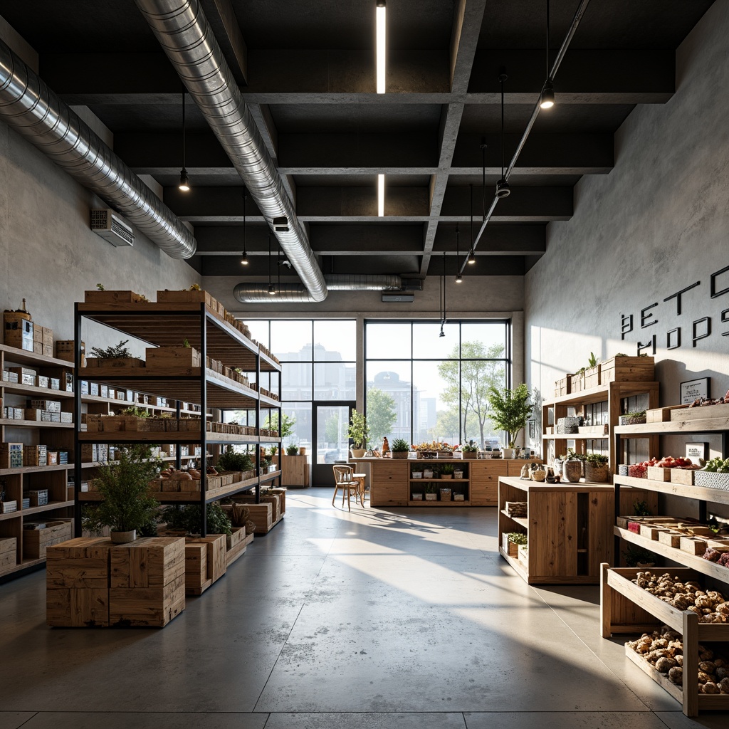 Prompt: Minimalist grocery store interior, industrial-chic aesthetic, exposed ductwork, polished concrete floors, steel shelving units, geometric display racks, functional wooden crates, monochromatic color scheme, natural light pouring in through large windows, minimalist signage, Bauhaus-inspired typography, modern track lighting, rectangular shapes, clean lines, open layout, functional decor, urban feel, morning softbox lighting, shallow depth of field, 2/3 composition, realistic textures, ambient occlusion.